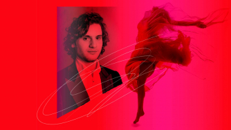 Headshot of Aidan Mikdad next to a headless ballerina in motion Headshot of Aidan Mikdad next to a headless ballerina in motion