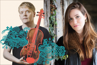 Pekka Kuusisto holding a decorated violin, Freya Waley-Cohen is composer in residence