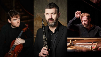 A photo of violist Timothy Ridout, clarinettist Matthew Hunt and pianist Alasdair Beatson