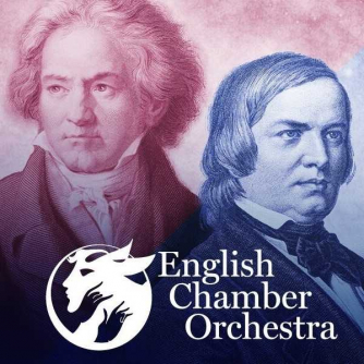 contrasting pictures of Beethoven and Schumann and the logo of the orchestra contrasting pictures of Beethoven and Schumann and the logo of the orchestra
