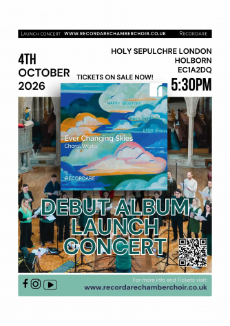 Recordare's Album Launch Concert Poster - Scan the QR Code for tickets or via www.recordarechamberchoir.co.uk