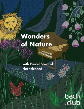 Wonders of Nature poster, with a lion, hen and a harpschord, in a garden