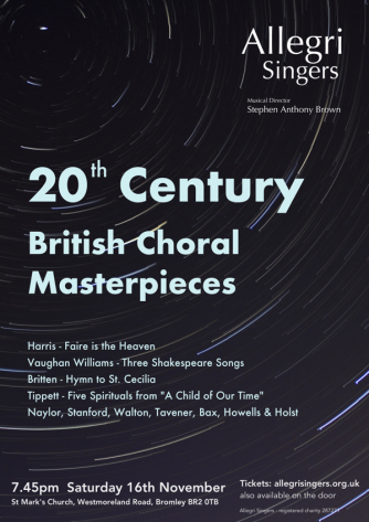 A fabulous programme of 20th Century Choral Masterpieces, sacred and secular.