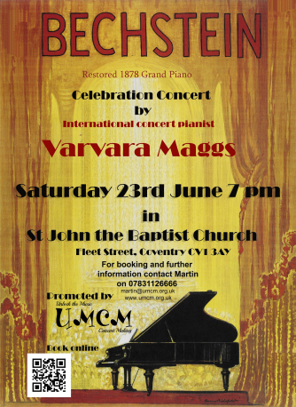 The first public performance on the restored piano will be a concert on Saturday June 23rd 2018, the eve of the Feast of St John the Baptist, followed by a party to celebrate its restoration. The Russian concert pianist Varvara Maggs, the international pr