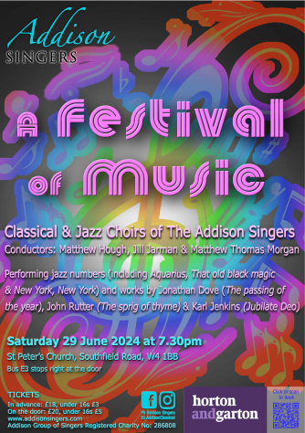 Written in 1970s style writing on a technicolour background. The writing says “The Addison Singers, Classical and Jazz Choirs of The Addison Singers. Conductors: Matthew Hough, Jill Jarman and Matthew Thomas Morgan. Performing jazz numbers (including Aqua