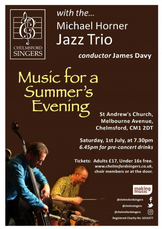 Picture of jazz trio playing, plus the concert info - see programme note for this.