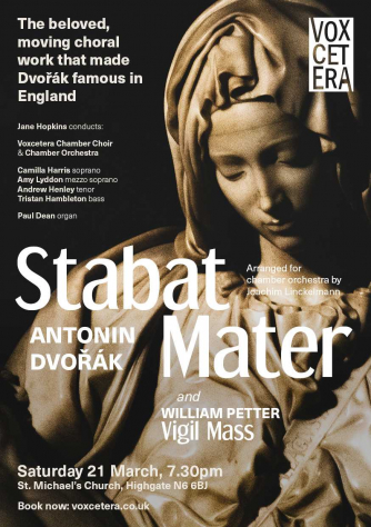 A detail of Mary with downcast eyes from Michaelangelo's Pieta sculpture, with the text "The beloved, moving choral work that made Dvorak famous in England", and a headline that says "STABAT MATER: Antonin Dvorak".