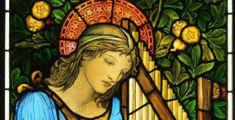 A stained glass window featuring Saint Cecilia with a pipe organ. A stained glass window featuring Saint Cecilia with a pipe organ.