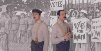 Two versions of the same character, dressed in 1914 costume, look in opposite directions. One looks stoically ahead against a backdrop of soldiers, the other looks more hopeful and holds books, against a backdrop of women's suffrage protesters.