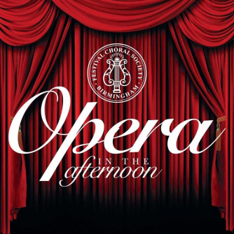 The words 'Opera in the afternoon' in front of red stage curtains. The words 'Opera in the afternoon' in front of red stage curtains.