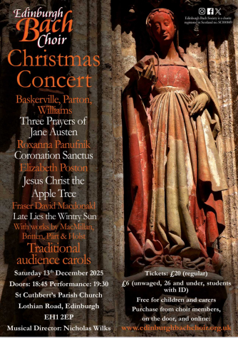 Edinburgh Bach Choir will also be performing some Christmas carols for all to sing.