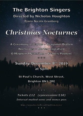 Brighton Singers perform a special programme of exciting works written round the Christmas theme. Enjoy mulled wine and mince pies in the interval.
