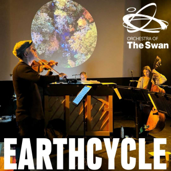 Violin player and double bass and pianist playing in front of a projected moon. Violin player and double bass and pianist playing in front of a projected moon.