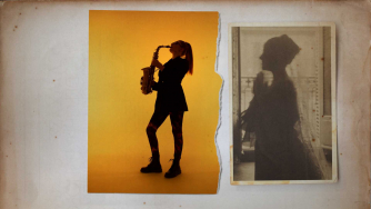 Silhouette of Jess Gillam next to a vintage photograph of a woman in a window Silhouette of Jess Gillam next to a vintage photograph of a woman in a window