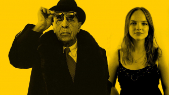 Stravinsky and Milda Daunoraite against a striking yellow background