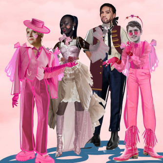 characters dressed up in flamboyant pink cartoon outfits characters dressed up in flamboyant pink cartoon outfits