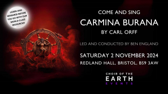 Wheel of Fortune surrounded by glowing red smoke.Text to the right includes information about Carmina Burana come and sing event in Redland Hall, Bristol on 2 November 2024. Wheel of Fortune surrounded by glowing red smoke.Text to the right includes information about Carmina Burana come and sing event in Redland Hall, Bristol on 2 November 2024.