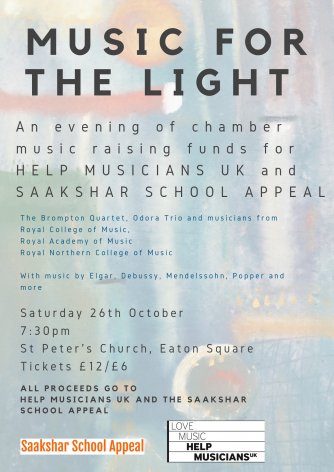 Students from the Royal College, Royal Academy and Royal Northern Colleges of music perform chamber works alongside young professionals to raise money for Help Musicians UK and the Saakshar School Appeal.