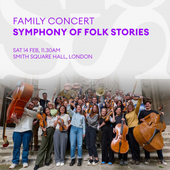 Sinfonia Smith Square orchestra standing smiling on Smith Square Hall external steps, holding up instruments in the air.