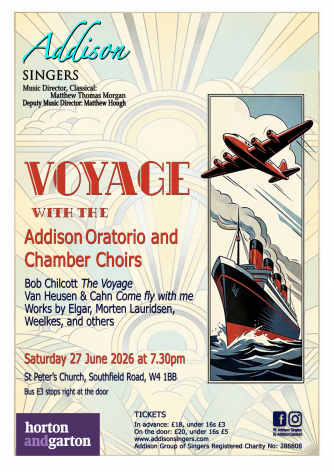 a picture of a plane and a boat with the words "Voyage with The Addison Singers Oratorio and Chamber Choirs"