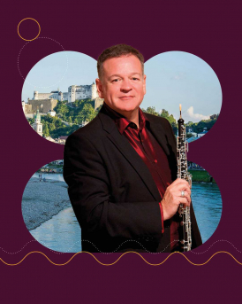 Image shows oboist Nicholas Daniel over images of Salzburg