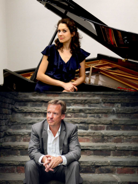 Dr Maria Razumovskaya in front of a piano and Stephan Loges sat on steps (credit Helena Cooke for Stephan's image)