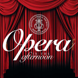The words 'Opera in the afternoon' in front of red stage curtains.