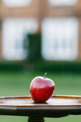 An apple in front of a stately home