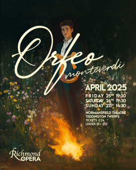 Orpheus as young man holding lyre standing in a fire against a dark outdoors background