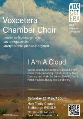 A poster featuring a painting of clouds over a desert landscape