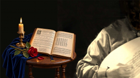 Lute player with candlelit table and music in background